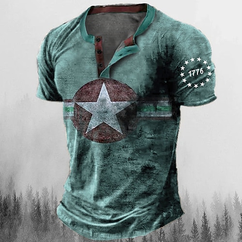 Herren Grafik Stern Henley Hemd T-Shirt Kurzarm 3D-Druck Mode Designer Bequem Lässig Täglich Outdoor Sommer Blau Braun Grün Armeegrün Henley Henley T-Shirt Image