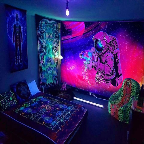Schwarzlicht Wandteppich UV reaktiv im Dunkeln leuchtend Party Neon Lebensbaum psychedelisch trippig neblig hängender Wandteppich Wandbild für Wohnzimmer Schlafzimmer Image
