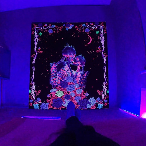 Schwarzlicht Wandteppich UV reaktiv im Dunkeln leuchtend Party Neon Lebensbaum psychedelisch trippig neblig hängender Wandteppich Wandbild für Wohnzimmer Schlafzimmer Image