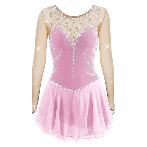 Eiskunstlaufkleid Damen Mädchen Eislaufen Kleider Austattungen Violett Weiß Gelb Patchwork Gitter Spandex Hochelastisch Ausbildung Wettbewerb Eiskunstlaufkleidung Patchwork Kristalle Langarm Image