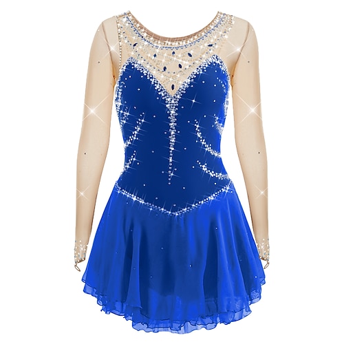 Eiskunstlaufkleid Damen Mädchen Eislaufen Kleider Austattungen Violett Weiß Gelb Patchwork Gitter Spandex Hochelastisch Ausbildung Wettbewerb Eiskunstlaufkleidung Patchwork Kristalle Langarm Image