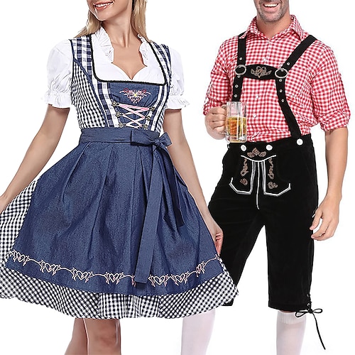 Oktoberfest Bluse / Hemd Dirndl Lederhosen Bayerisches Paar Oktoberfest-Paar Deutsch München Wiesn Herren Damen Stoff im traditionellen Stil Bluse Kleid Shorts Image