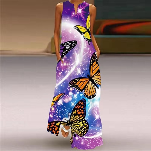 damen pfauenfeder tier lässiges kleid langes kleid maxikleid etuikleid sommerkleid lässig outdoor täglich wochenende tasche bedruckt ärmellos v-ausschnitt kleid regular fit weiß gelb rot frühling Image