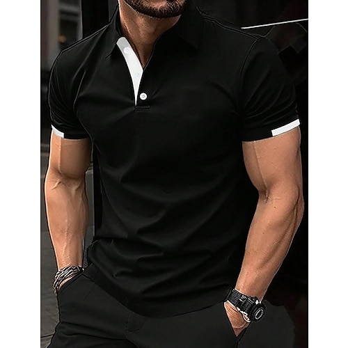 Herren Sport-Poloshirts Golfshirt Lässig Sportoberteile Gerippter Polokragen Kurzarm Mode Basic Einfarbig Patchwork Sommer Normale Passform Schwarz Weiß Rote Blau Grün Sport-Poloshirts Image