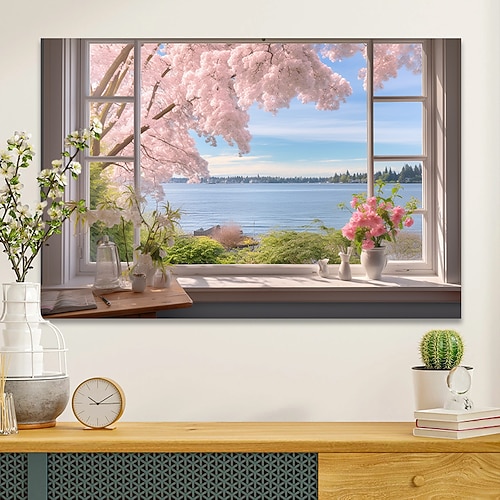 Landschafts-Wandkunst-Leinwand, falsches Fenster, Frühling, Kirschblüten, Drucke und Poster, Bilder, dekorative Stoffmalerei für Wohnzimmer, Bilder ohne Rahmen Image