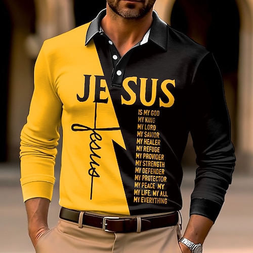 Herren Jesus Christlich Poloshirts Golfshirt Langarm Polo-Shirts Hemden mit Kragen Lässig Urlaubskleidung Party-Outfits 3D-Druck Knöpfe Gelb