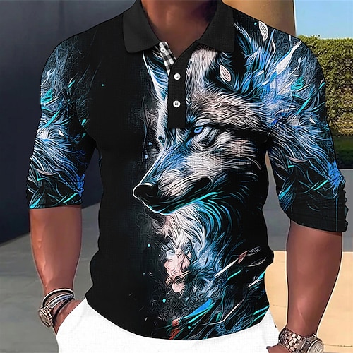 Herren Wolf Poloshirts Golfshirt Langarm Polo-Shirts Hemden mit Kragen Lässig Lustig Urlaubskleidung Party-Outfits 3D-Druck Knöpfe Herbst Winter Rote Blau Grün Image