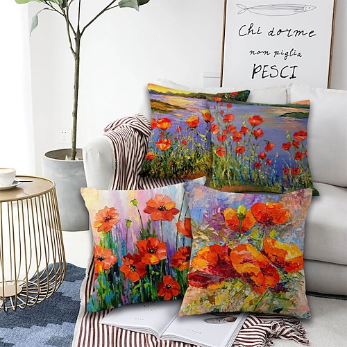 4er Set kunstvolle Blumen quadratische dekorative Dekokissenbezüge Sofakissenbezüge Heimsofa dekorative Kunstleinen Kissenbezug für Sofa Couchbett Stuhl rot Image