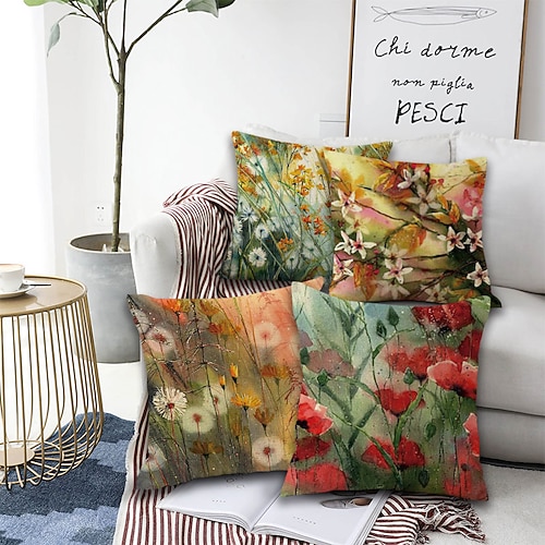 4er Set kunstvolle Blumen quadratische dekorative Dekokissenbezüge Sofakissenbezüge Heimsofa dekorative Kunstleinen Kissenbezug für Sofa Couchbett Stuhl rot Image