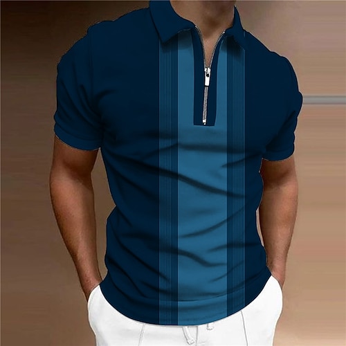 Herren Gestreift Poloshirts mit Reißverschluss Golfshirt Kurzarm Polo-Shirts Hemden mit Kragen Business-Casual Arbeitskleidung Formelle Kleidung Festivalkleidung 3D-Druck Image