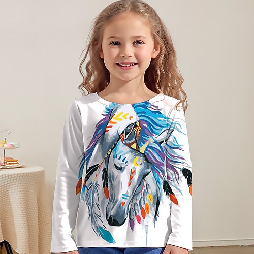 Mädchen 3D Pferd T-Shirt Hemd Langarm 3D-Druck Frühling Herbst Aktiv Modisch Kuschelig Polyester kinderkleidung 3-12 Jahre Rundhalsausschnitt Outdoor Casual Täglich Regular Fit Image