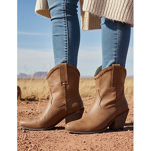 Herren-Westernstiefeletten aus braunem Vintage-Kunstleder – Used-Look mit geflochtenen Details, bequemer Blockabsatz für die Freizeit und den Outdoor-Bereich Image