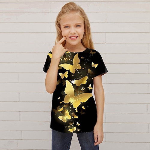 Mädchen 3D Tiermotiv Schmetterling T-Shirt Kurzarm 3D-Druck Sommer Frühling Aktiv Mode Niedlich Kinder 3-12 Jahre Outdoor Täglich Innen Normale Passform Image