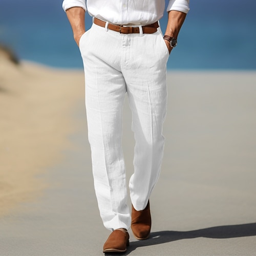 Herren Leinenhosen Hose Anzughose Sommerhose Strandhose Fronttasche Gerader Schnitt Einfach Komfort Atmungsaktiv Formell Geschäft Ferien Mode Basic Schwarz Weiß Image