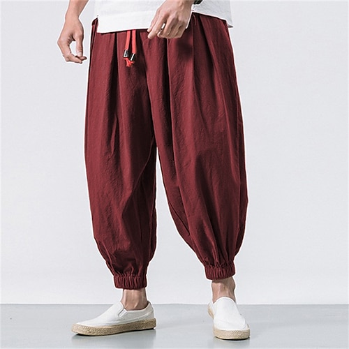 Herren Jogginghose Leinenhosen Hose Sommerhose Strandhose Kordelzug Elastischer Bund Tiefbund Einfach Täglich Fitnessstudio Streetwear Lässig Hip-Hop Lässiger Schnitt Schwarz Weiß Image