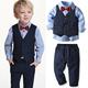 4-teiliges Kinder-Jungen-Tank-Shirt-Hose-Set 3-8 Jahre langärmliger blauer Streifendruck-Bogen-Baumwoll-Party-niedlicher Anzug