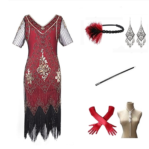 Der große Gatsby Knielang Flapper Kleid Kleid Outfits Kurze Ärmel Der große Gatsby Hochzeitsgast Pailletten Quastenfransen Pailletten Quaste V Ausschnitt Kostüm Damen Maskerade Abendgesellschaft Image