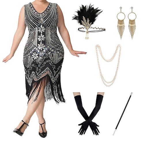 Goldene Zwanziger 1920er Cocktailkleid Midlänge Flapper Kleid Kleid Outfits Ärmellos Der große Gatsby Hochzeitsgast Pailletten Quastenfransen V Ausschnitt Kostüm Damen Maskerade Party / Abend Image