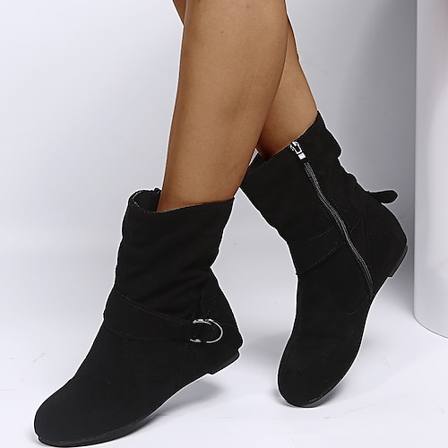 Schwarze Stiefeletten aus Wildlederimitat für Damen mit seitlichem Reißverschluss und Schnallendetail – perfekt für die Freizeit und den Alltag Image