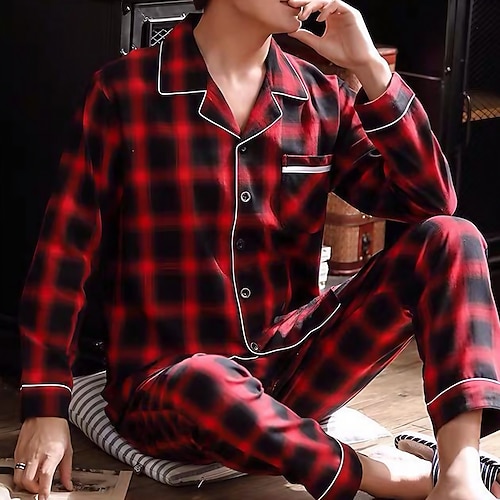 Herren Schlafanzug Hausanzug Sets Schlafanzüge Gitter / Plaid Modisch Einfach Komfort Heim Bett Baumwolle Kargen Langarm Hose Herbst Frühling Blau Dunkelgray Image