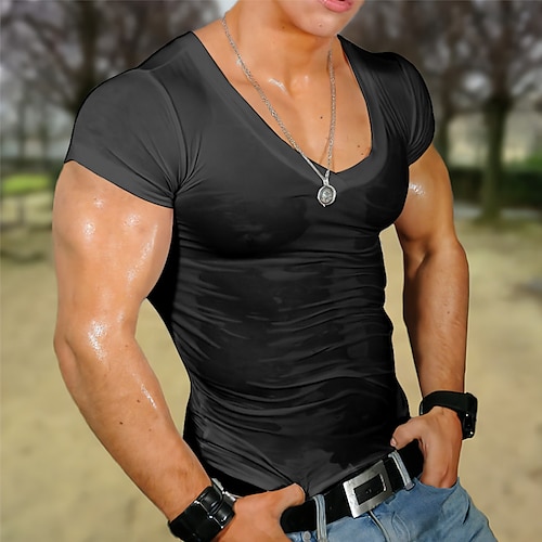 Herren T Shirt T-Shirt Kurze Ärmel V Ausschnitt Sommer Einfach Mode Designer Basic Durchsichtig Urlaub Straße Ausgehen Dunkelgrau Schwarz Weiß Top T-Shirt für Herren Image