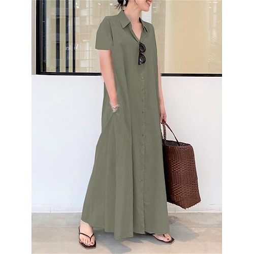Damen Maxikleid Baumwoll Mischung Shiftkleid Hemdblusenkleid Freizeitkleid Alltagstauglich Lässig Streetstyle Täglich Urlaub Wochenende Lässiger Schnitt Einfach Kurzarm Hemdkragen Schwarz Wein Image