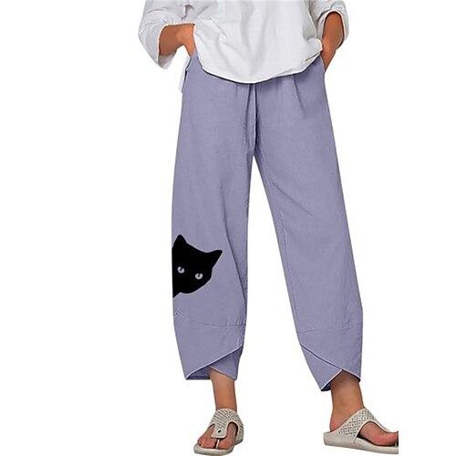Damen Hose aus Baumwollleinen Chinos Capri-Shorts Streetwear Einfach Lässig Knöchellang Mittlere Taille Katze Baggy Druck Atmungsaktiv Weich Außenbereich Mikroelastisch Outdoor Urlaub Alltagstauglich