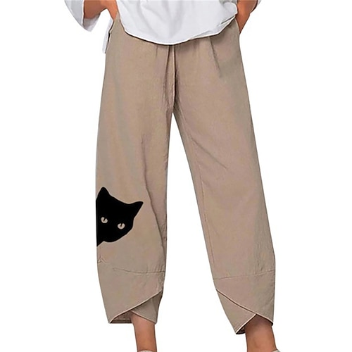 Damen Baumwoll Mischung Hose aus Baumwollleinen Chinos Capri-Shorts Streetwear Einfach Lässig Knöchellang Mittlere Taille Katze Baggy Druck Weich Außenbereich Bequem Mikroelastisch Outdoor Urlaub Image