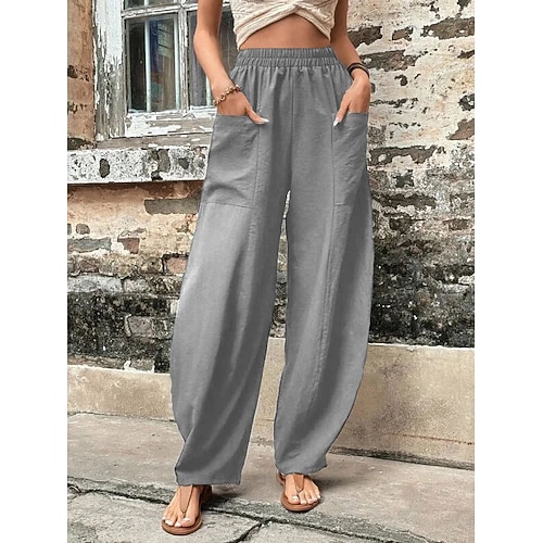 Damen Leinenhosen Tapered Hose Hosen Hose Baggy-Hosen Mode Basic Lässig Volle Länge Einfach Seitentaschen Baggy Komfort Mikroelastisch Urlaub Straße Alltagstauglich Blau Schwarz Rote Marineblau Image