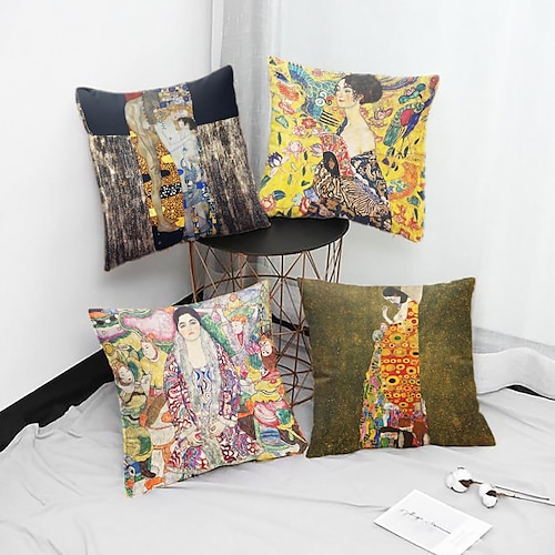 berühmte gemälde doppelseite kissenbezug 4 stück gustav klimt weiche dekorative quadratische kissenbezug kissenbezug für schlafzimmer wohnzimmer sofa couch stuhl Image