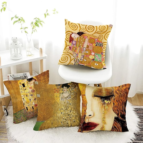 berühmte gemälde doppelseite kissenbezug 4 stück gustav klimt weiche dekorative quadratische kissenbezug kissenbezug für schlafzimmer wohnzimmer sofa couch stuhl Image