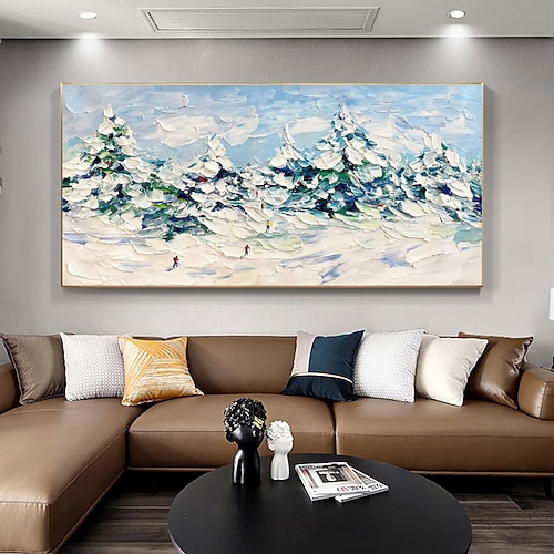 Originales weißes Schnee-Ski-Gemälde auf Leinwand, handgemaltes Bergkunst-Textur-Wandbild, personalisiertes Geschenk, horizontale Leinwand-Wandkunst ohne Rahmen Image