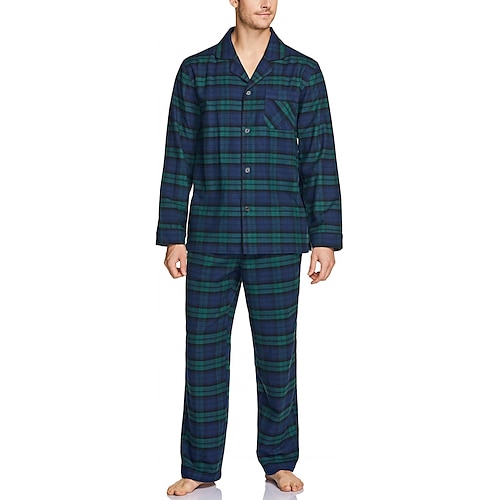 Herren Hausanzug Schlafanzüge Schlafanzug Set Pyjama-Oberteil und Hose 2 Stück Plaid Stilvoll Brautkleider schlicht Komfort Heim Täglich Baumwolle Komfort Kargen Langarm Hemd Hose Kordelzug Image
