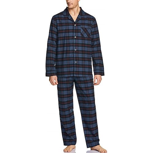 Herren Hausanzug Schlafanzüge Schlafanzug Set Pyjama-Oberteil und Hose 2 Stück Plaid Stilvoll Brautkleider schlicht Komfort Heim Täglich Baumwolle Komfort Kargen Langarm Hemd Hose Kordelzug Image