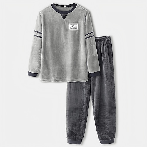Herren Hausanzug Schlafanzüge Schlafanzug Set Pyjama-Oberteil und Hose 2 Stück Glatt Stilvoll Brautkleider schlicht Komfort Heim Täglich Flanell Komfort Rundhalsausschnitt Langarm Pullover Image