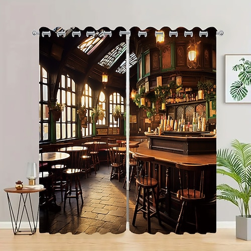 2 Paneele Vintage-Barvorhang, Verdunkelungsvorhang für Wohnzimmer, Schlafzimmer, Küche, Fensterbehandlungen, wärmeisolierte Raumverdunkelung Image