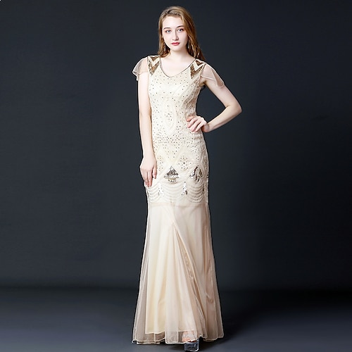 Goldene Zwanziger 1920er Knöchellänge Kleid Abendkleid Kurze Ärmel Der große Gatsby Hochzeitsgast Pailletten V Ausschnitt Kostüm Damen Maskerade Abendgesellschaft Hochzeit Party / Abend Erwachsene Image