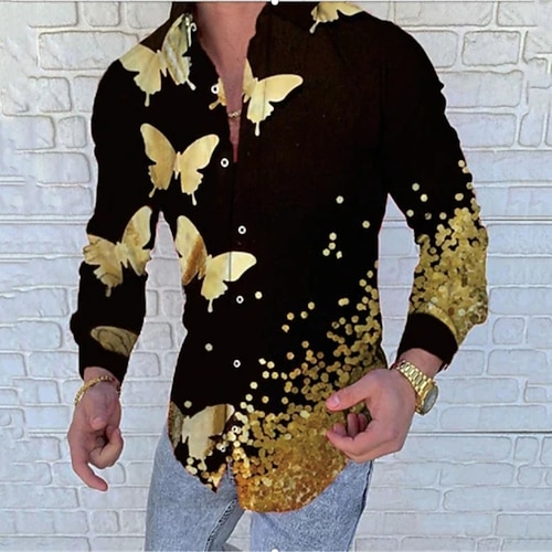 Herren Schmetterling Blätter Hemd Knopfhemd Langarm Mode Designer Lässig Outdoor Lässig Täglich Sommer Frühling Umlegekragen Druck Button-Down Gelb Gold Image