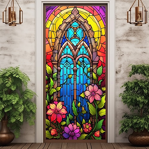 Buntglas-Mandala-Türabdeckungen, Wanddekoration, Türteppich, Türvorhang, Dekoration, Hintergrund, Türbanner, abnehmbar, für Haustür, Innen- und Außenbereich, Heimdekoration, Bauernhaus-Dekoration Image
