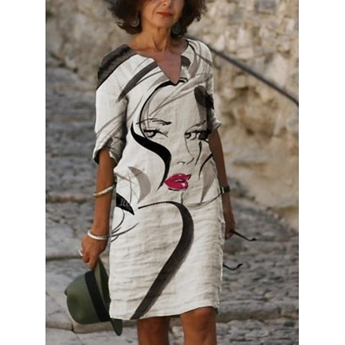 damen casual dress ethno kleid shift dress midi dress leopard schwarz weiß halbarm floral print sommer frühling v-ausschnitt basic täglich urlaub wochenende 2023 s m l xl xxl 3xl Image
