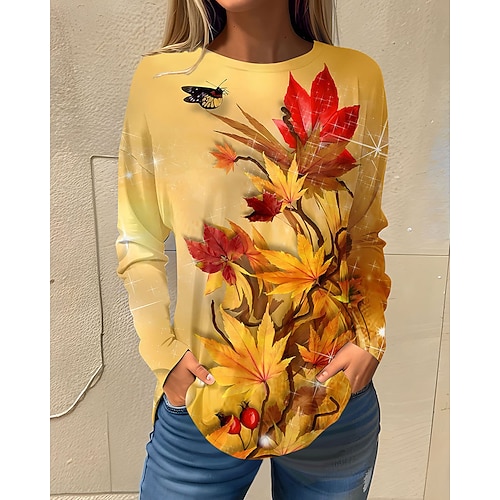 Frauen T-Shirt Langarm Basic Floral Druck Langarm Regelmäßige Oberteile Rundhals Feiertags Wochenende Weiß Pink Rot Marine Blau Blau Herbst Winter Vorherbst Image