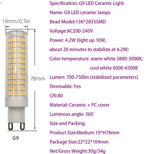 G9/E11/E12/E14E/BA15D LED-Lampe 7 W, 3000 K warmweiß/6000 K weiß, 120 V, kein Flimmern, für Heimbeleuchtung, Kronleuchter, Haushaltsanwendungen, 700 lm (2er-Pack) Image