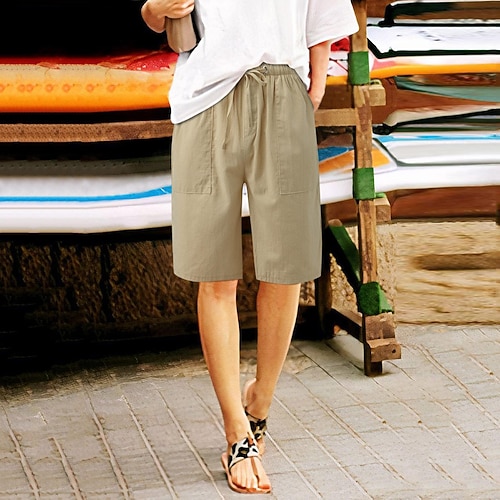 Damen Shorts aus Baumwollleinen Hose aus Baumwollleinen Bermudashorts Mode Basic Lässig Knielang Mittlere Taille Einfach Kordelzug Seitentaschen Baggy Komfort Unelastisch Strand Urlaub Straße Schwarz Image