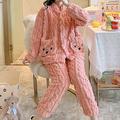 Damen-Pyjama-Sets aus Fleece, flauschig, flauschig, warm, tierisch, warm, lässig, bequem, für zu Hause, Bett, Flanell, warm, atmungsaktiv, V-Draht, langärmelig, Hemd, Hose, Knopftasche, Herbst,