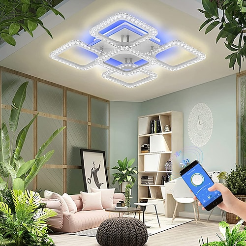Dimmbare Chrom-Acryl-Deckenleuchte, LED-Deckenleuchte mit 5 Köpfen und 8 Köpfen, mit Hintergrundbeleuchtung und App-Anschluss/Fernbedienung, geeignet für Schlafzimmer, Wohnzimmer, Büros, Kinderzimmer Image