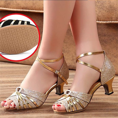 Damen Absätze Sandalen Sexy Schuhe Komfortschuhe Täglich Party Niedriger Absatz Offene Spitze Elegant Mode Gotisch Satin Kreuzriemen Rotgold – weiche Gummisohle – 3,5 cm Absatz Gold – Unterseite aus Image