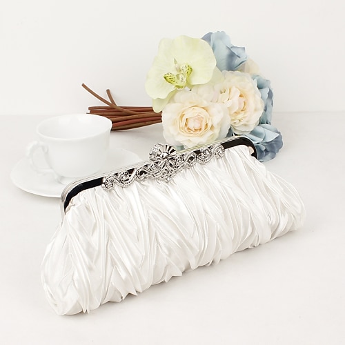 Abendclutch aus weißem Satin mit Plissee – elegante Handtasche mit floralem Metallrahmen für Hochzeiten, Cocktails und formelle Anlässe
