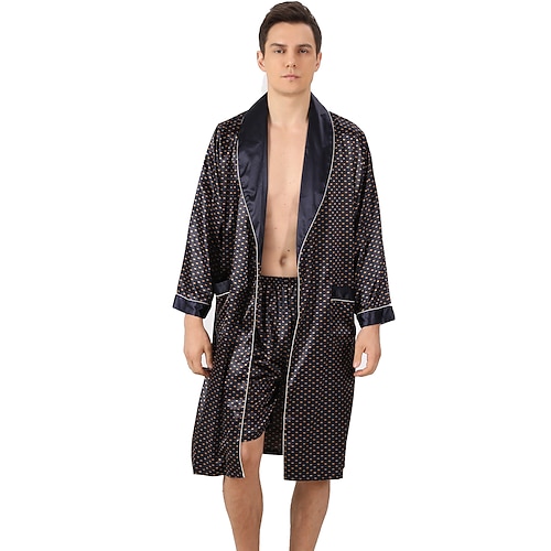 Herren Übergröße Morgenmantel Seidenrobe Kimono aus Seide Sets 2 Stück Wellen Einfach Komfort Heim Täglich Kunstseide Polyester Geschenk Kargen Langarm Robe Top Kurze Hosen Tasche Einstellbar Gürtel Image