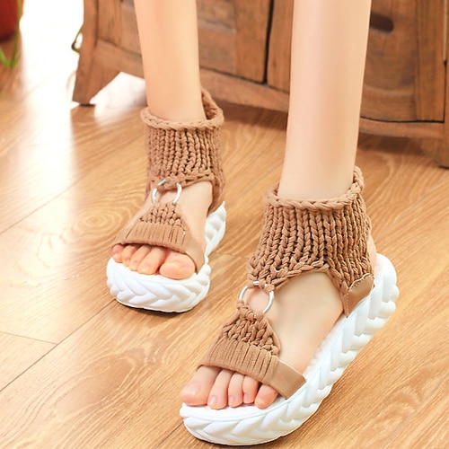 Damen-Plateau-Sandalen aus grobem Strick – modische offene Keilabsätze mit Ringdetail, perfekt für den Sommer und die Freizeit Image