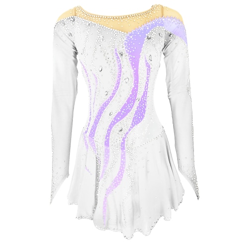 Eiskunstlaufkleid Damen Mädchen Eislaufen Kleider Austattungen Yan-pink Violett Weiß / Weiß Rückenfrei Elasthan Hochelastisch Ausbildung Eiskunstlaufkleidung Handgemacht Einfarbig Klassisch Kristalle Image